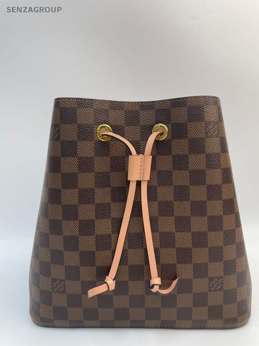 #001 - Louis Vuitton NéoNoé Pink Interior Damier Bucket Bag MM Brown Canvas YY73
