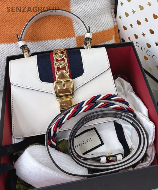 GUCCI Sylvie PM Top Handle  2WAY Shoulder Handbag White Gold Women