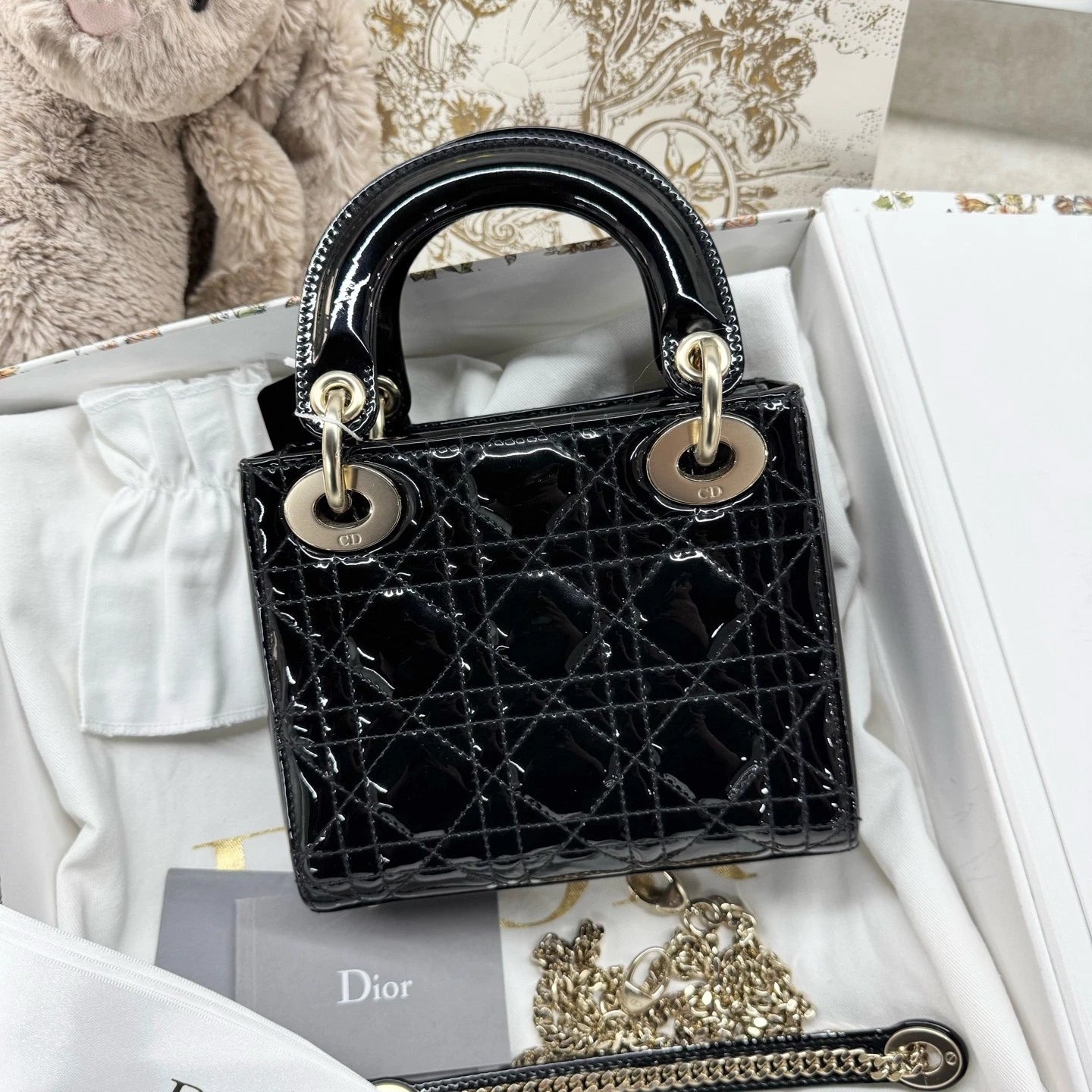 Dior Lady Dior Leather Black Gold Top Handle Excellent