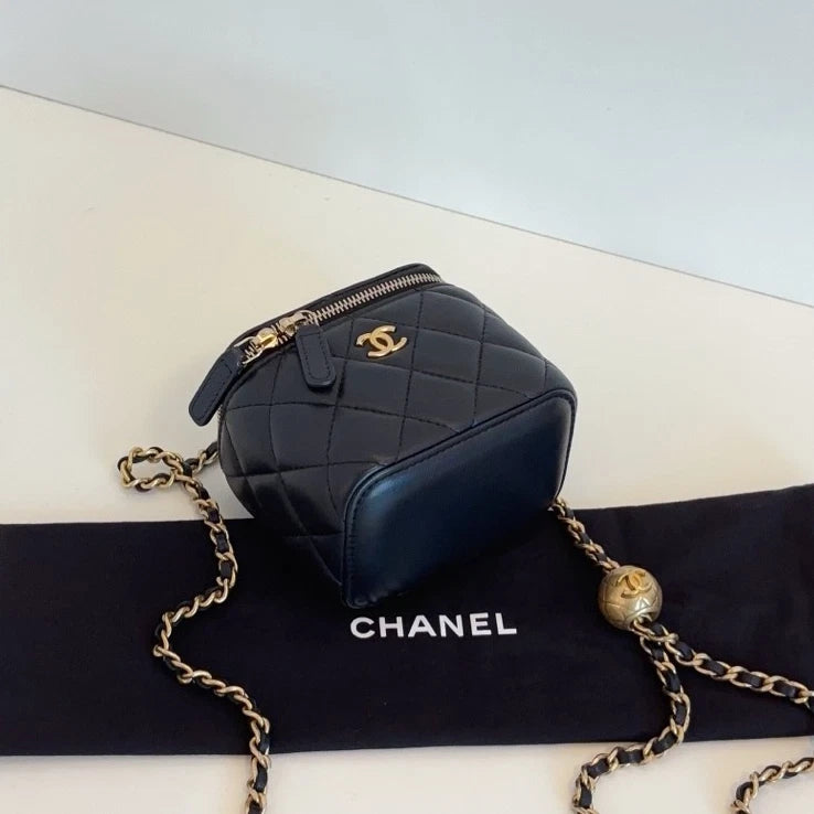 Authentic Chanel Black Vanity Case Diamond Crossbody Bag with Gold Ball Chain
