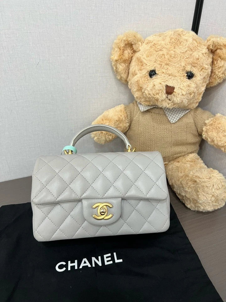 CHANEL Gray CF Handle Mini Leather Top Handle Shoulder Bag For Women