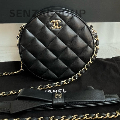 Chanel Black Gold Lambskin Round Quilted Chain Shoulder Crossbody Bag