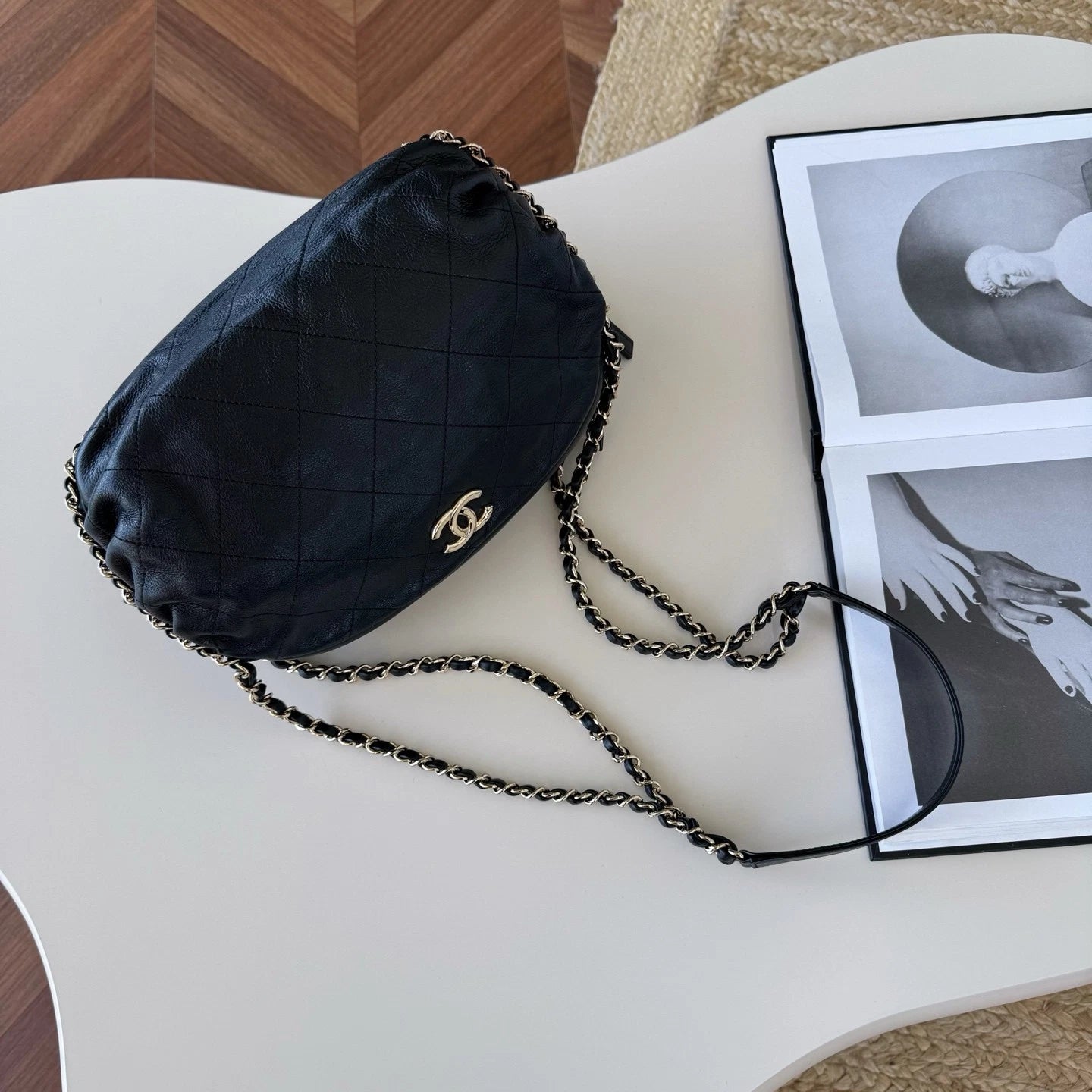 Chanel Calfskin Hobo Chain Shoulder Bag Black Gold Used Women Classic
