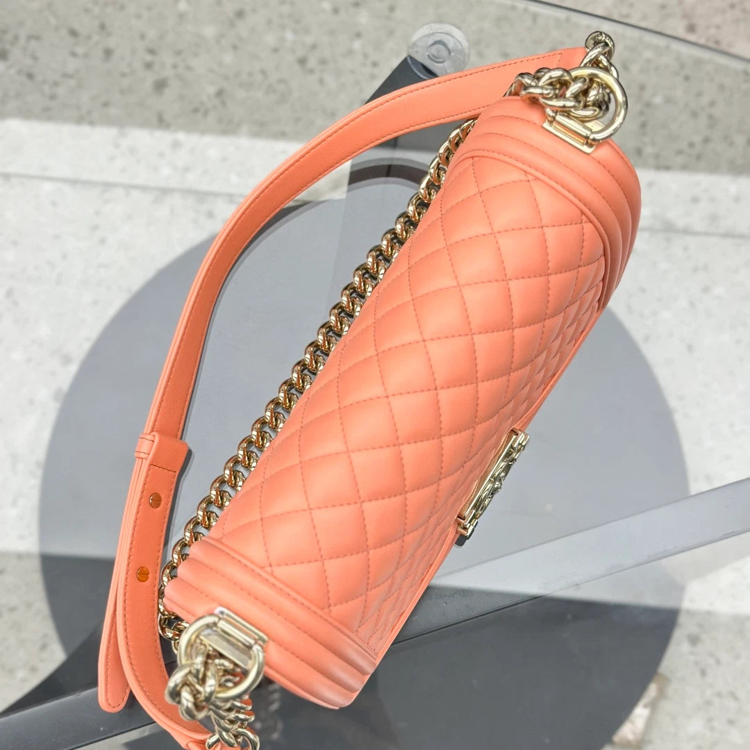 Chanel Leboy MM Calfskin Chain Shoulder Bag Crossbody Orange Gold Women S