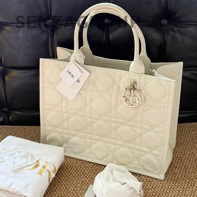 Dior Medium Leather Cannage Tote Bag in White Gold - Classic Women's Fashion