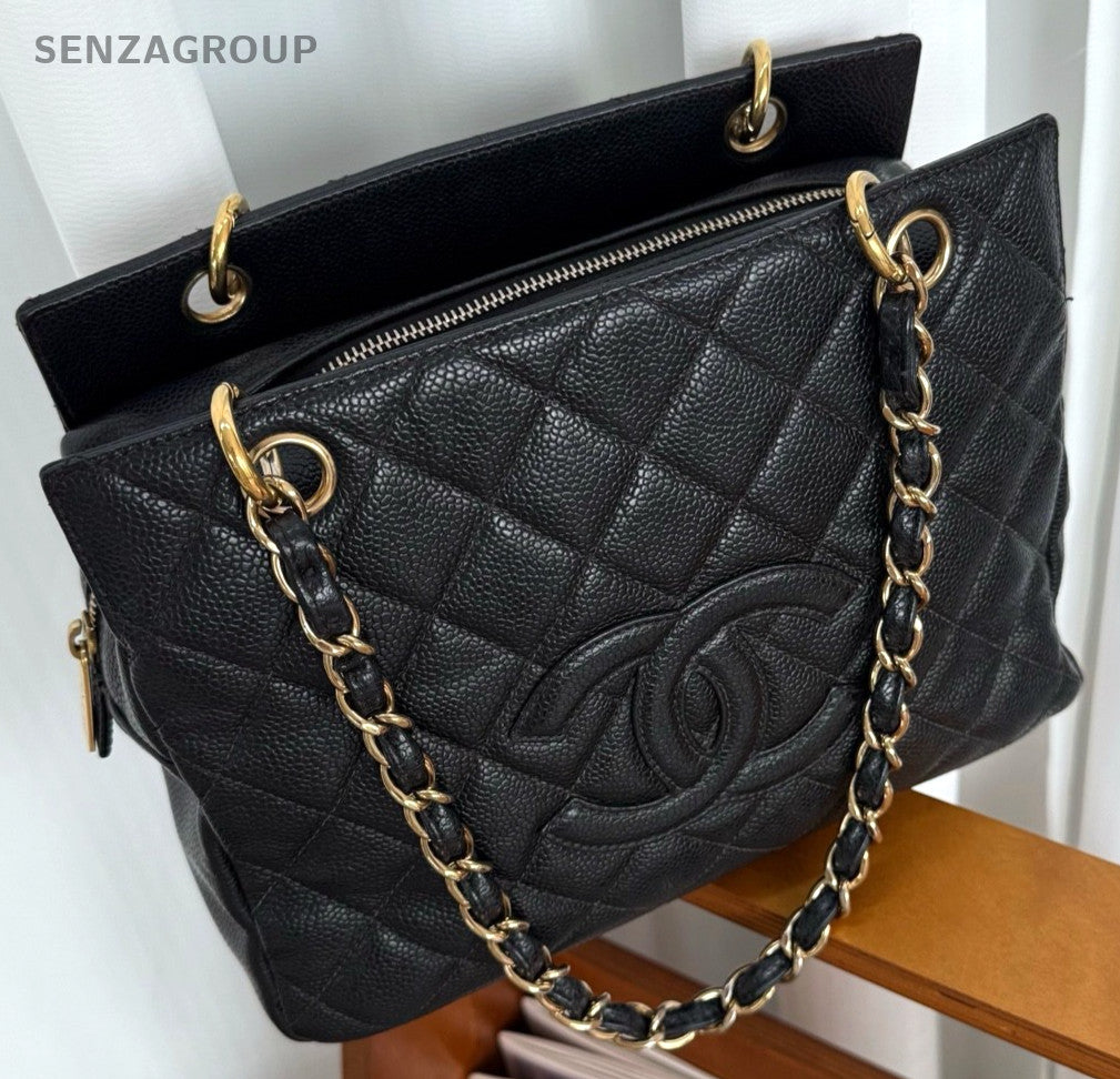 CHANEL PPT Caviar CC Chain Shoulder Handbag Black Gold Women tote