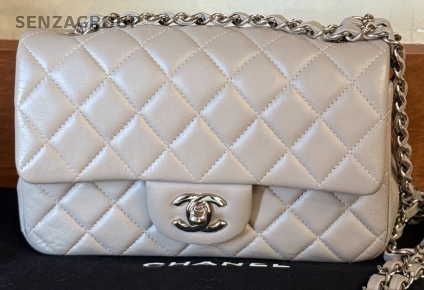 Chanel Classic Flap Mini Chain Shoulder Bag Gray Silver Women Diamond Classic