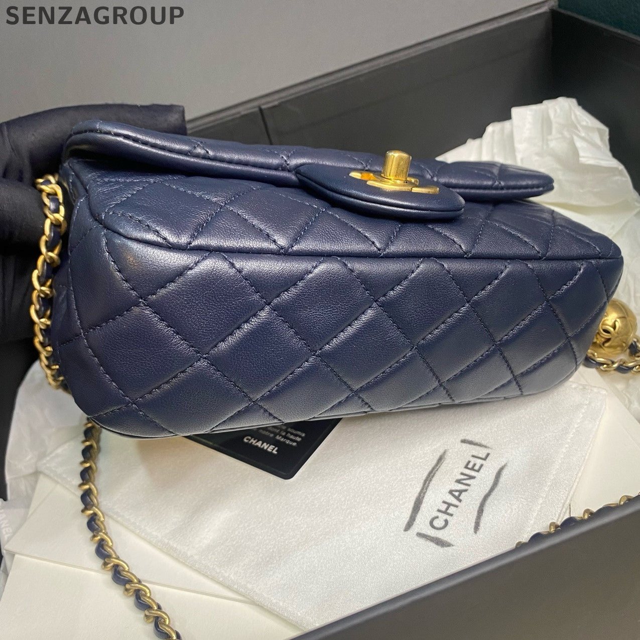 Chanel Classic Flap Mini Blue Gold Chain Crossbody Bag for Women