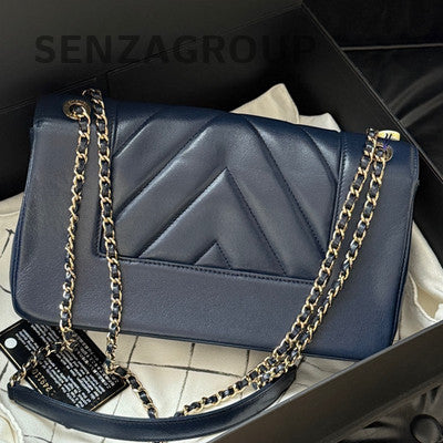 Chanel Classic Flap Blue Gold Chevron Chain Shoulder Bag