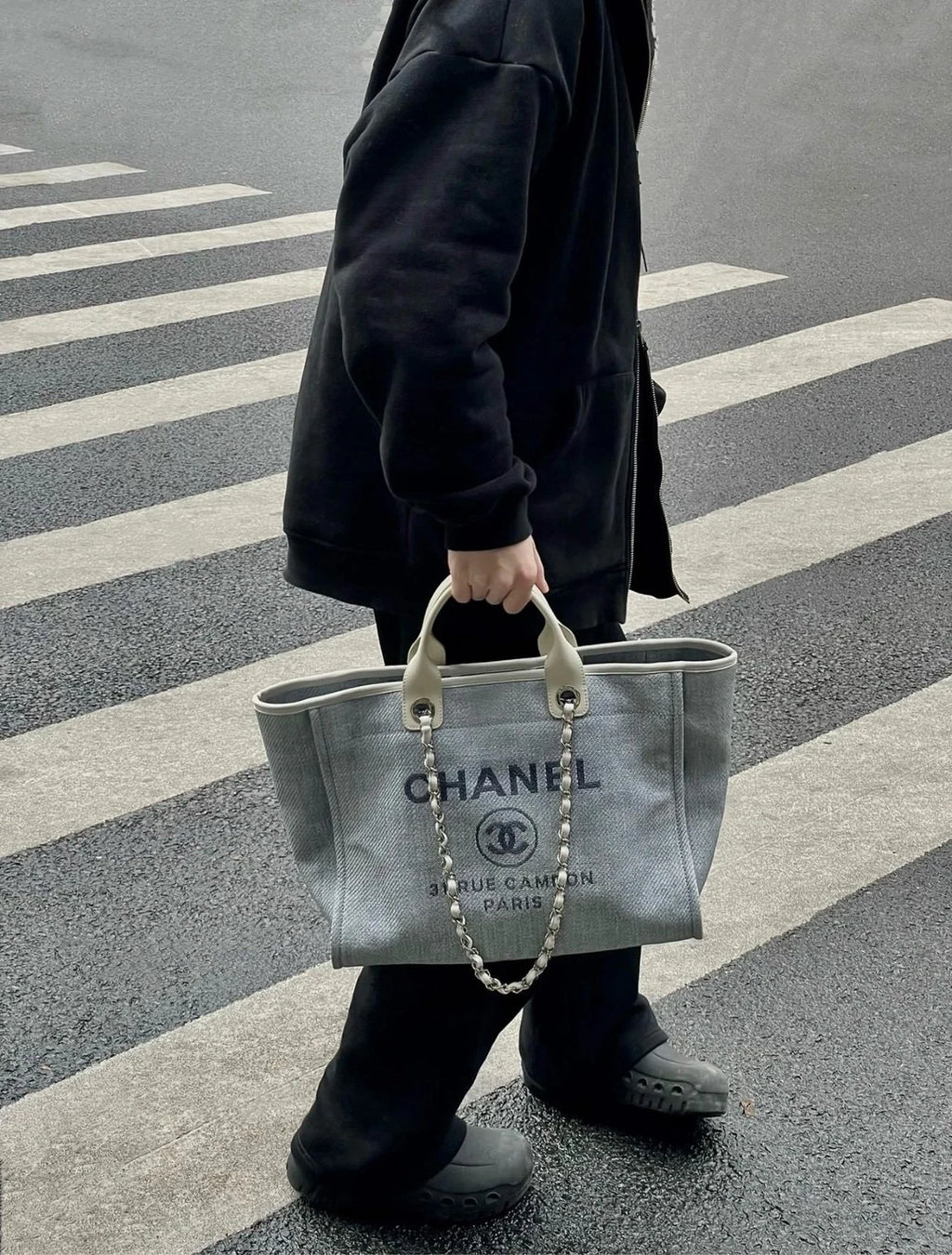 CHANEL Light Blue White Canvas Beach Tote Bag for Women