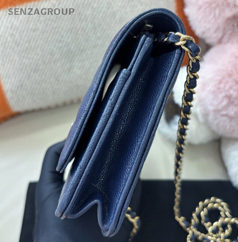 Chanel WOC Calfskin Chain Shoulder Bag Crossbody Blue Gold Women Classic Fashion