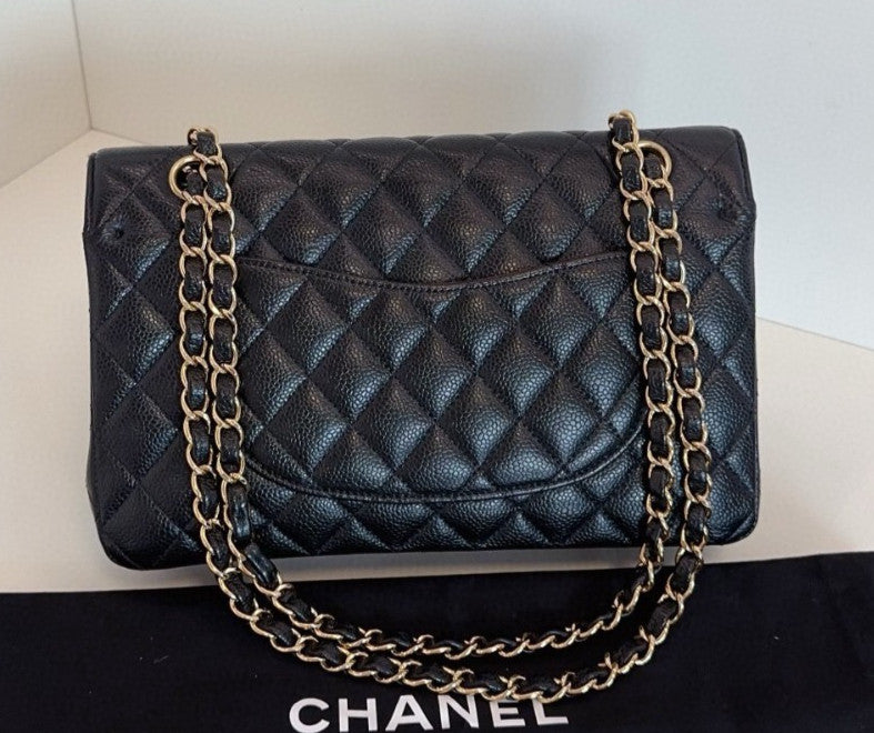 Chanel Classic Flap MM Calfskin Chain Shoulder Bag Crossbody Black Gold Women