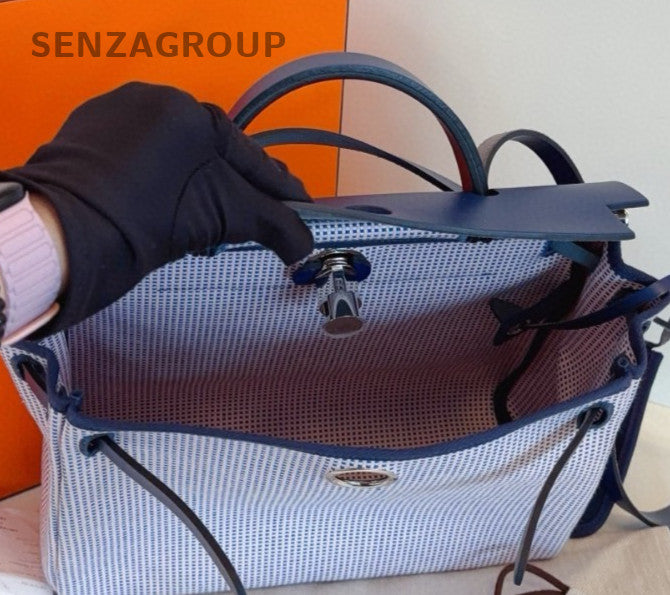 Hermes Herbag Zip31 Top Handle Bag Crossbody Blue White Silver Women Classic