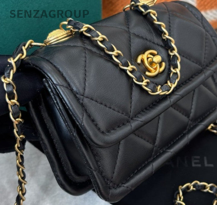 Chanel Diamond Mini Chain Shoulder Bag Crossbody Black Gold Women Classic