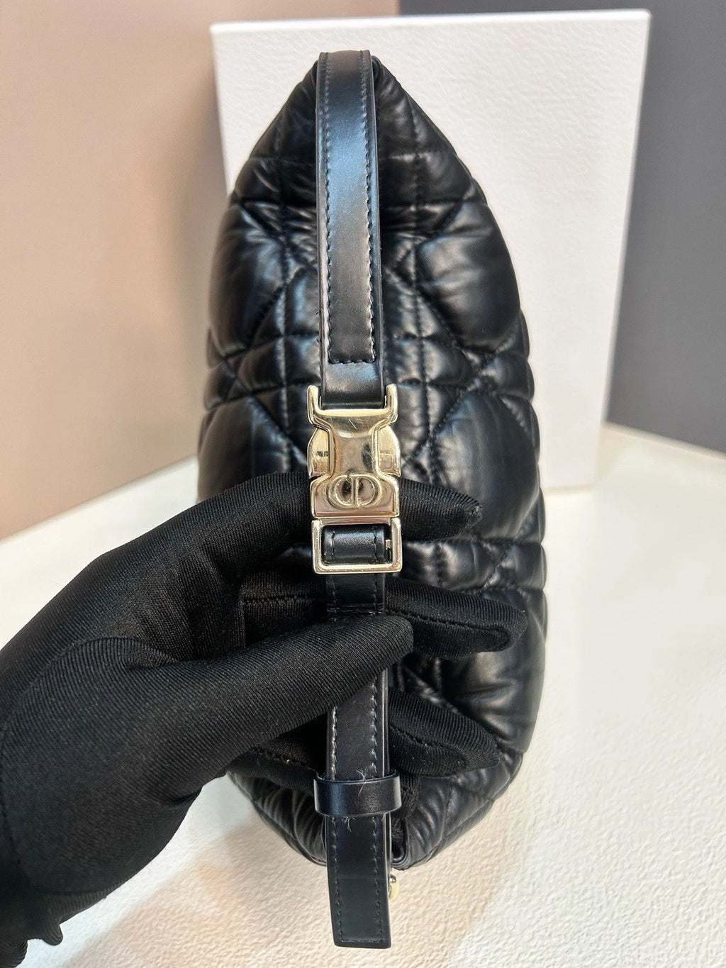 Excellent Christian Dior Travel Calfskin MM Hobo Black Handbag Shoulder Bag Gold