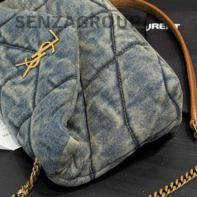 Saint Laurent Matelassé Mini Chain Crossbody Bag Blue Gold Women's Fashion
