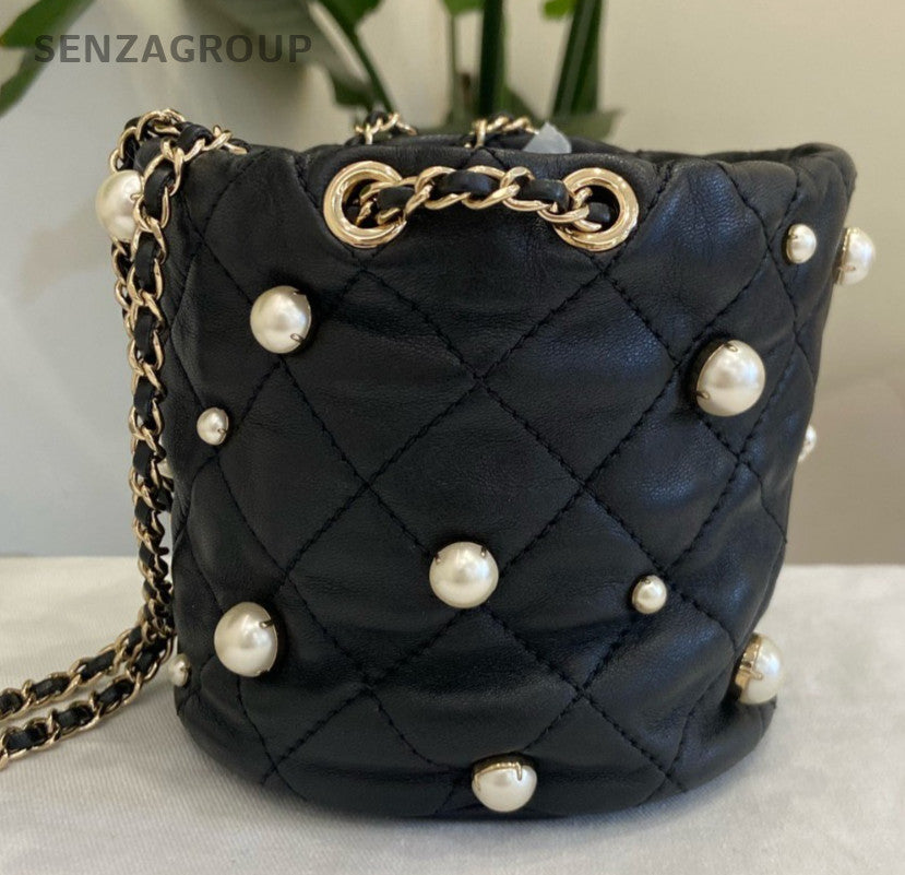 Chanel Lambskin Pearl Bucket Chain Shoulder Bag Crossbody Black Gold Women