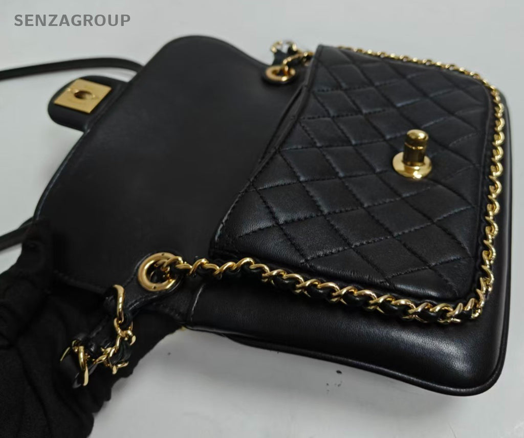 Chanel Timeless Diamond Chain Shoulder Bag Crossbody Black Gold Women Classic