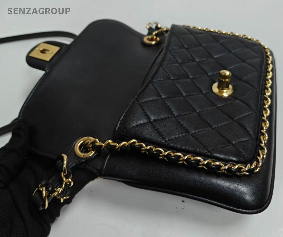 Chanel Timeless Diamond Chain Shoulder Bag Crossbody Black Gold Women Classic