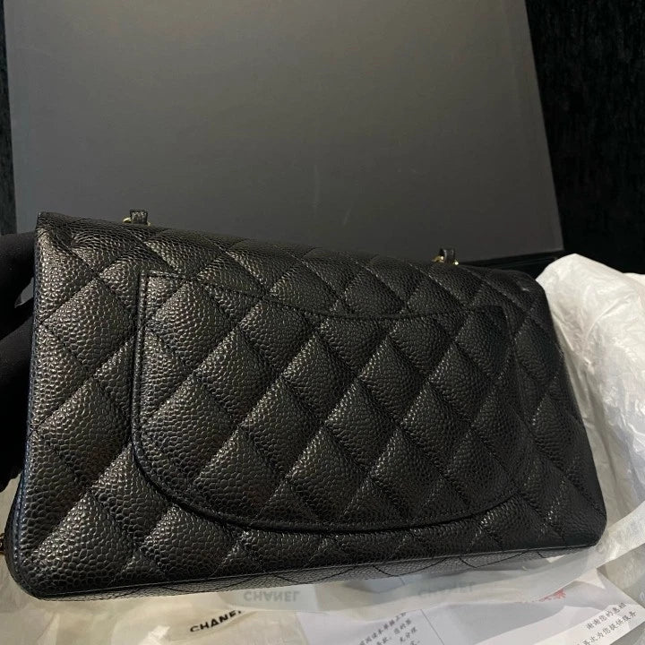 Chanel Classic Flap PM Calfskin Shoulder Crossbody Bag Black Gold Women D