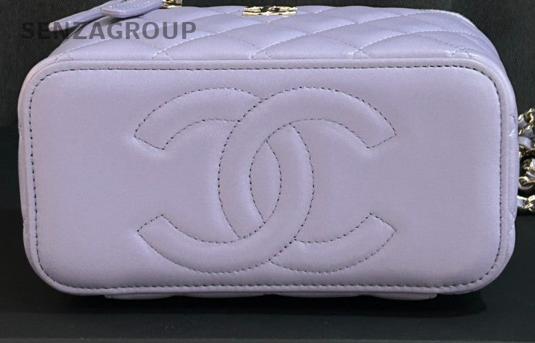 Chanel Lambskin Diamond Pattern Top Handle Bag Crossbody Purple Gold Designer