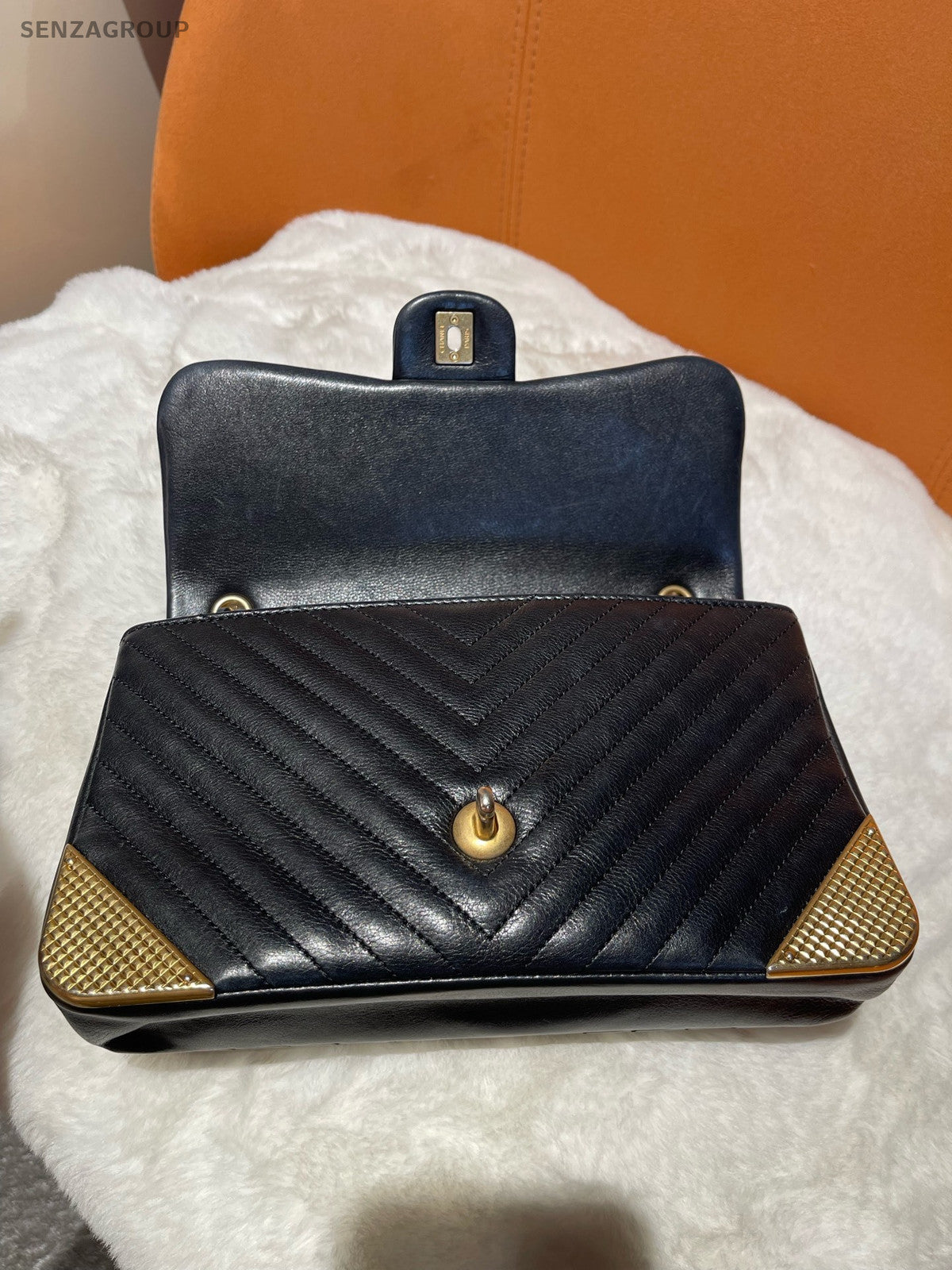 Chanel CF Black Gold Calfskin V-Pattern Chain Shoulder Bag Vintage