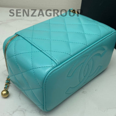 Chanel Quilted Blue Gold Leather Vanity Case Handbag Shoulder Bag