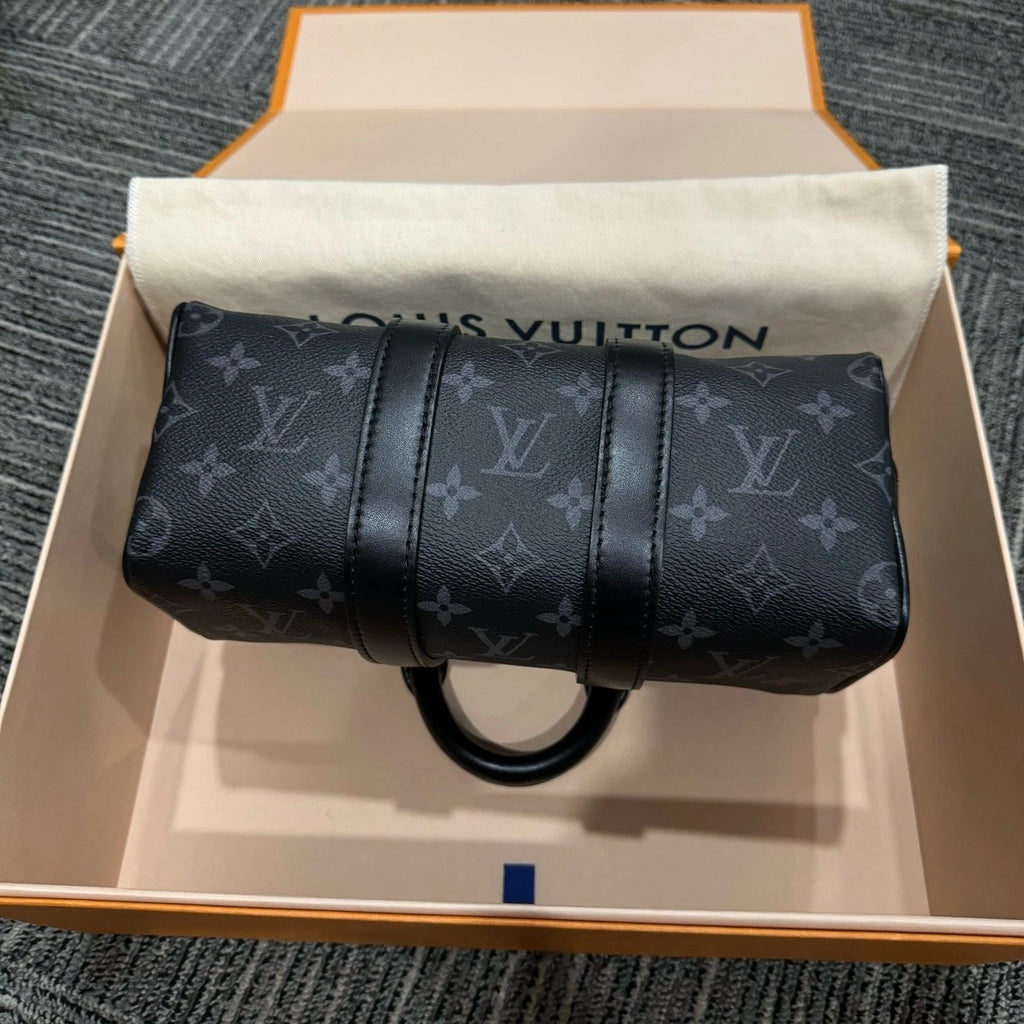 Louis Vuitton Keepall Canvas Black Handbag Top Handle Excellent