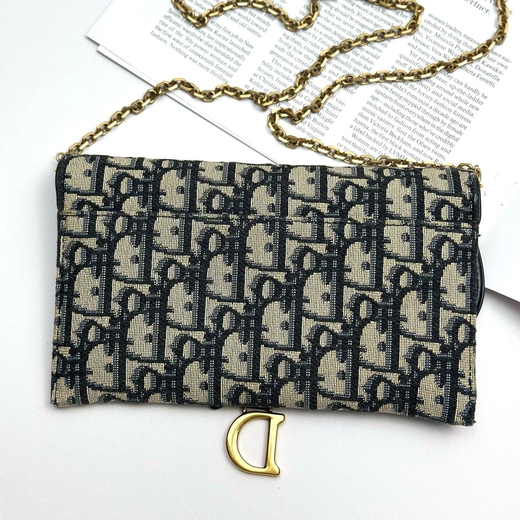 Christian Dior WOC Oblique Canvas Gold Chain Navy Shoulder Bag Crossbody