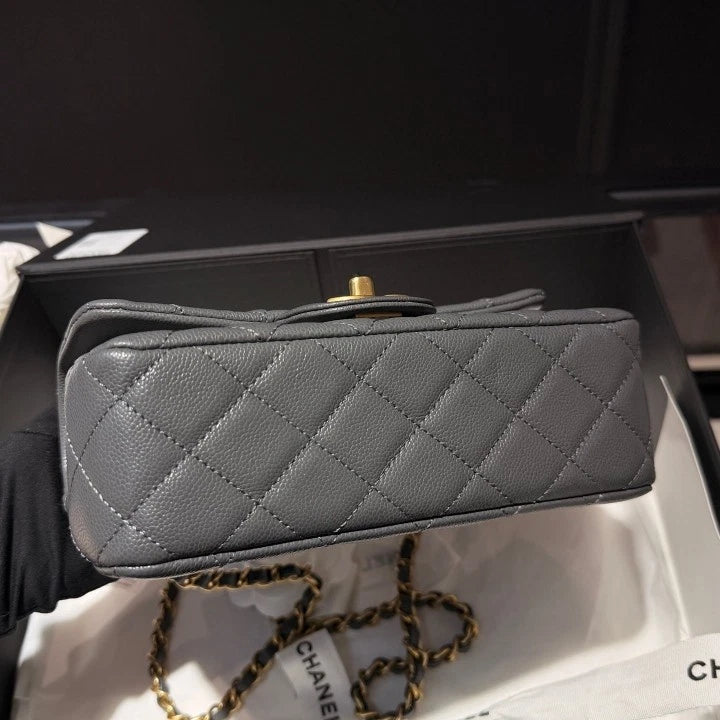 Chanel Classic Flap Mini CC Logo Calfskin Top Handle Shoulder Bag Gray Women D