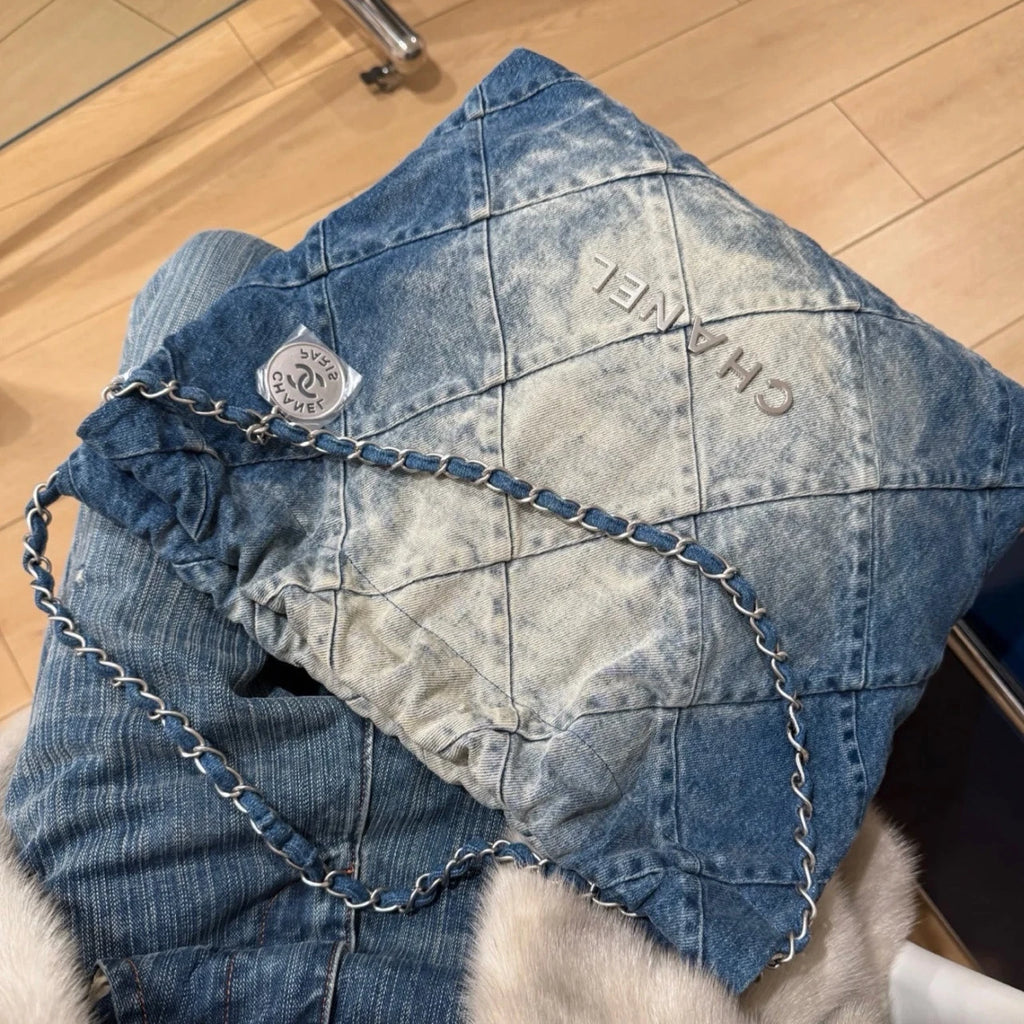 Excellent Chanel 22Bag PM Blue Denim Silver Chain Shoulder Bag Crossbody