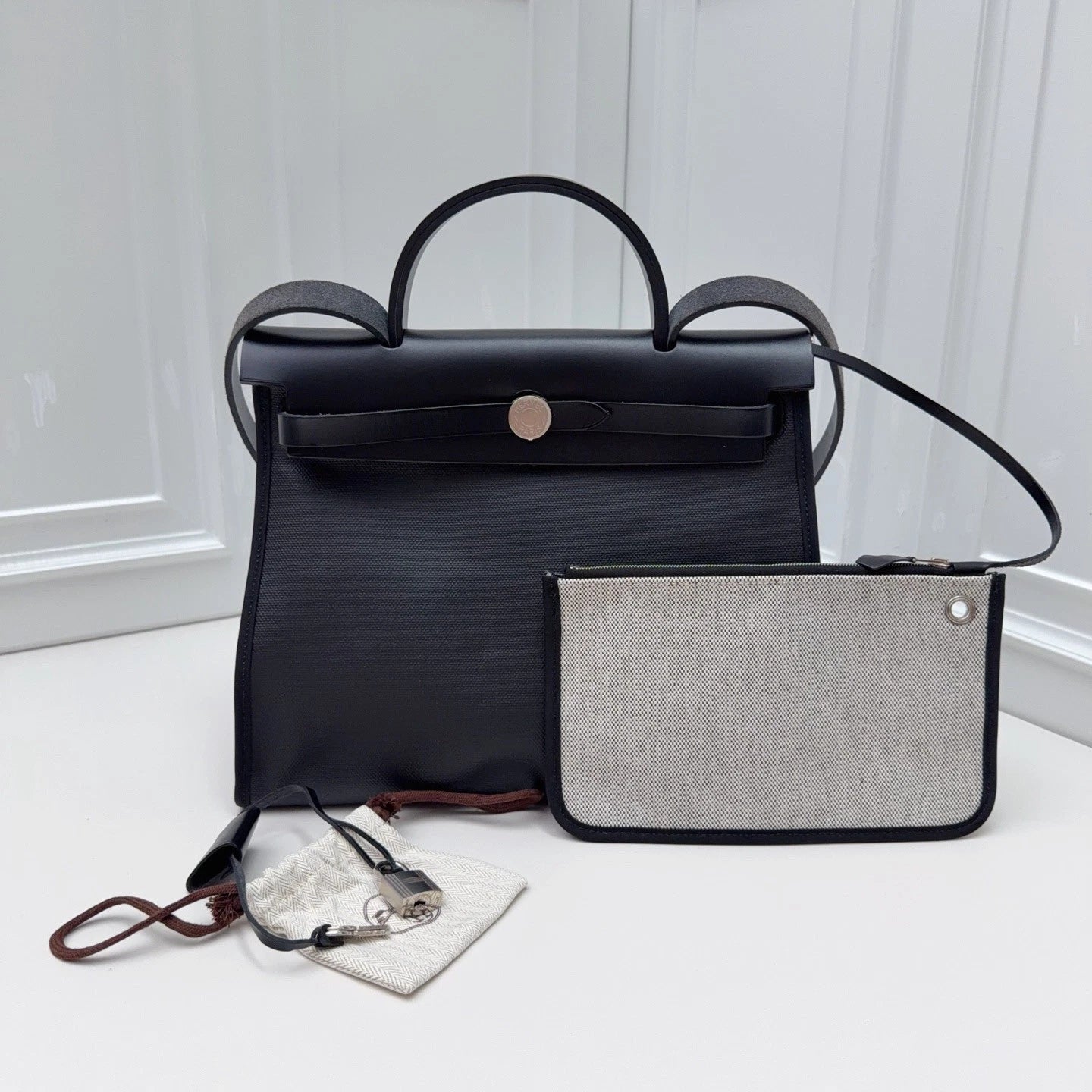Hermes Herbag 31 Black Togo Canvas Top Handle Crossbody With Removable Pouch