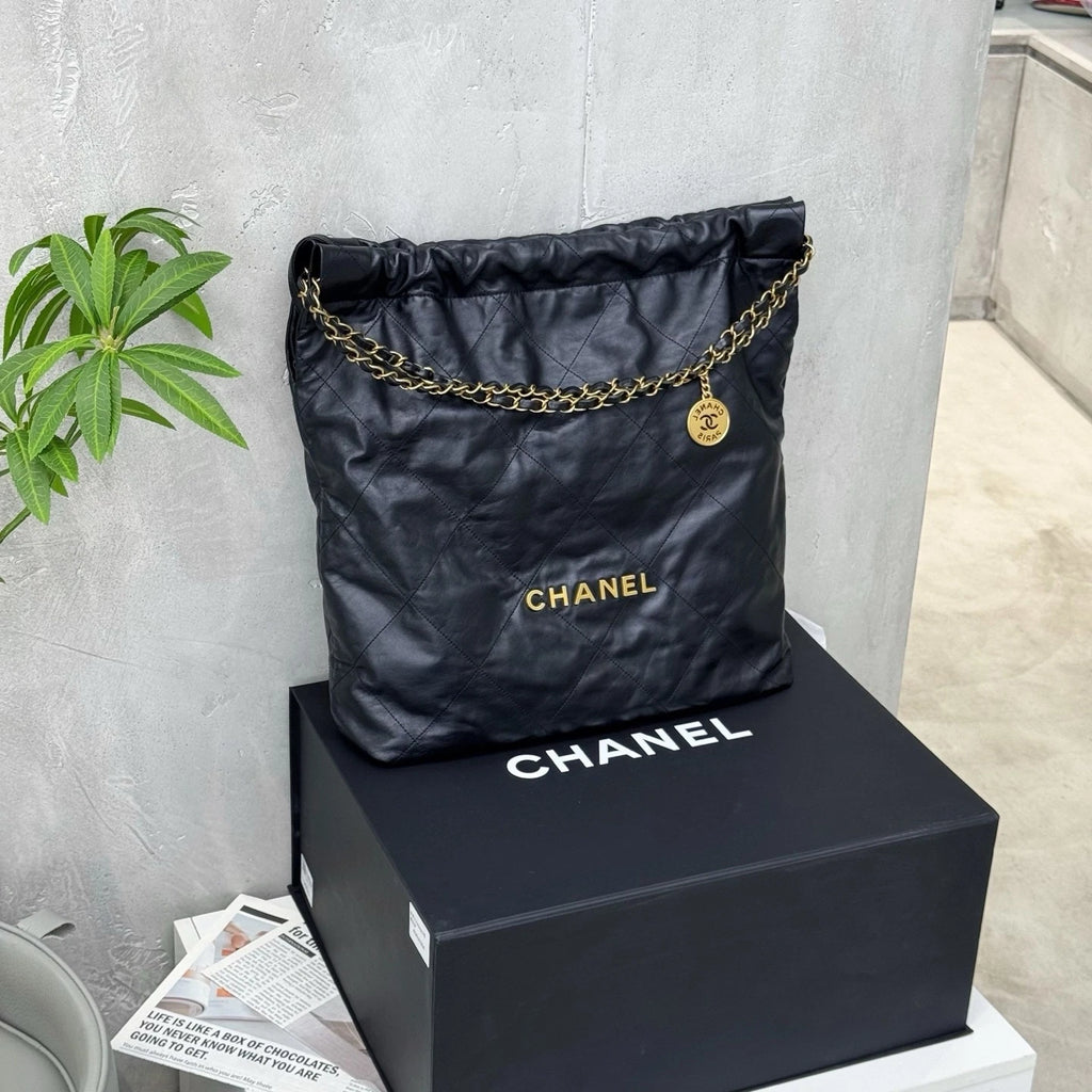 CHANEL 22Bag Black Gold Large Tote Shoulder Bag For Women
