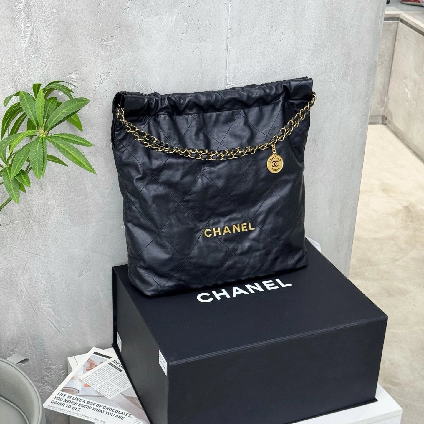 CHANEL 22Bag Black Gold Large Tote Shoulder Bag For Women