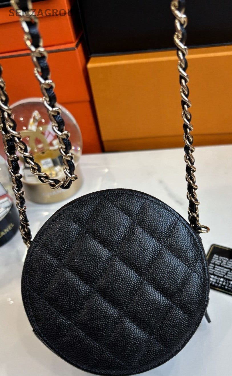 Chanel Caviar Leather Mini Round Flap Shoulder Crossbody Bag Black Women