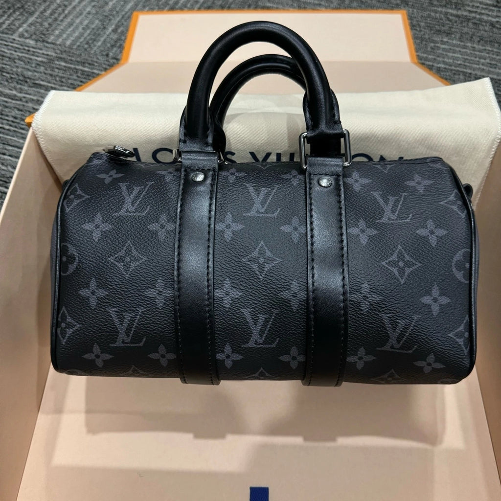 Louis Vuitton Keepall Canvas Black Handbag Top Handle Excellent