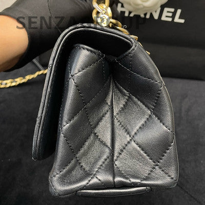 Chanel Black Gold Lambskin Quilted CC Top Handle Chain Crossbody Bag