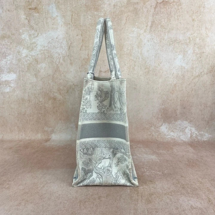 Dior Gray White Embroidered Canvas Medium Tote Handbag For Women