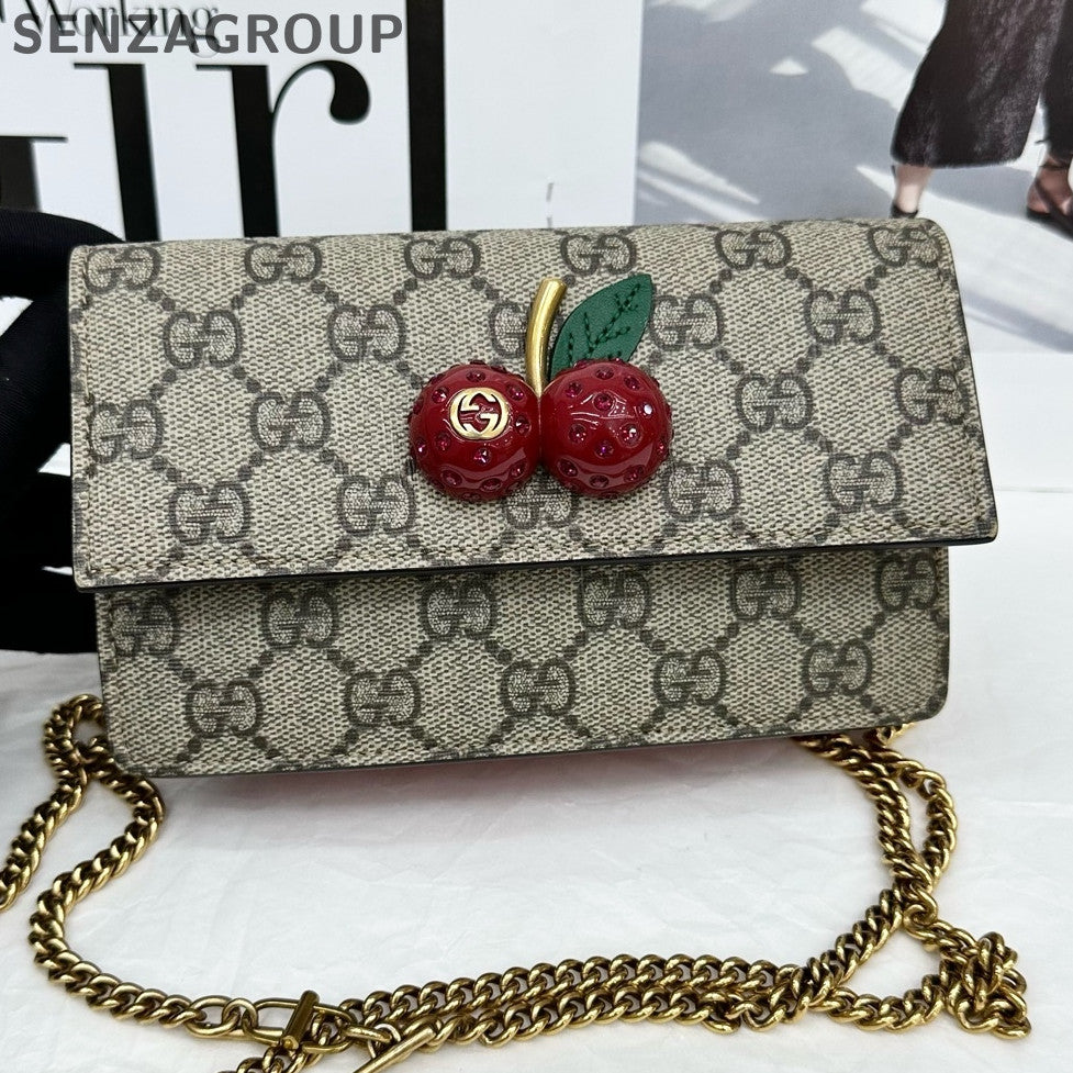 Gucci Dionysus Mini GG Supreme Chain Crossbody Bag Brown Red