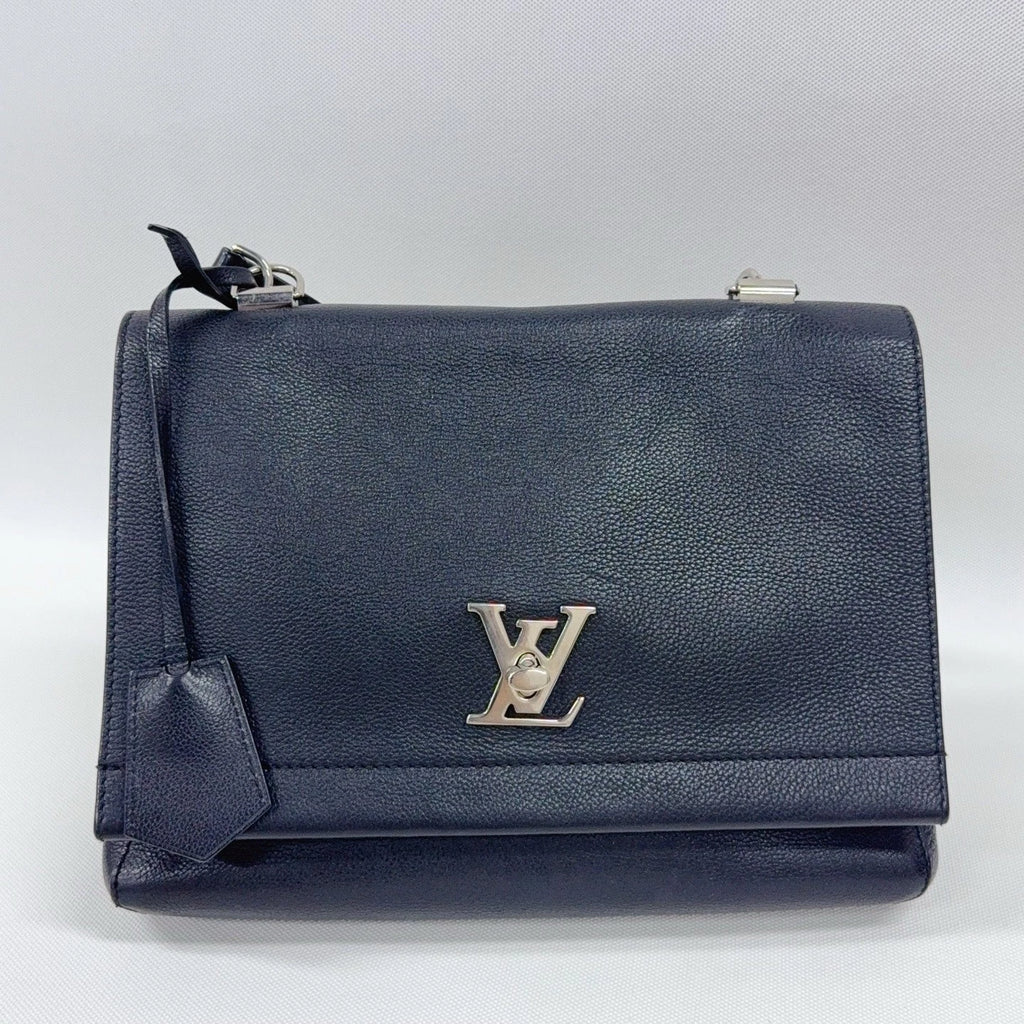 Louis Vuitton Lock Me MM Calfskin Top Handle Crossbody Black Silver Women