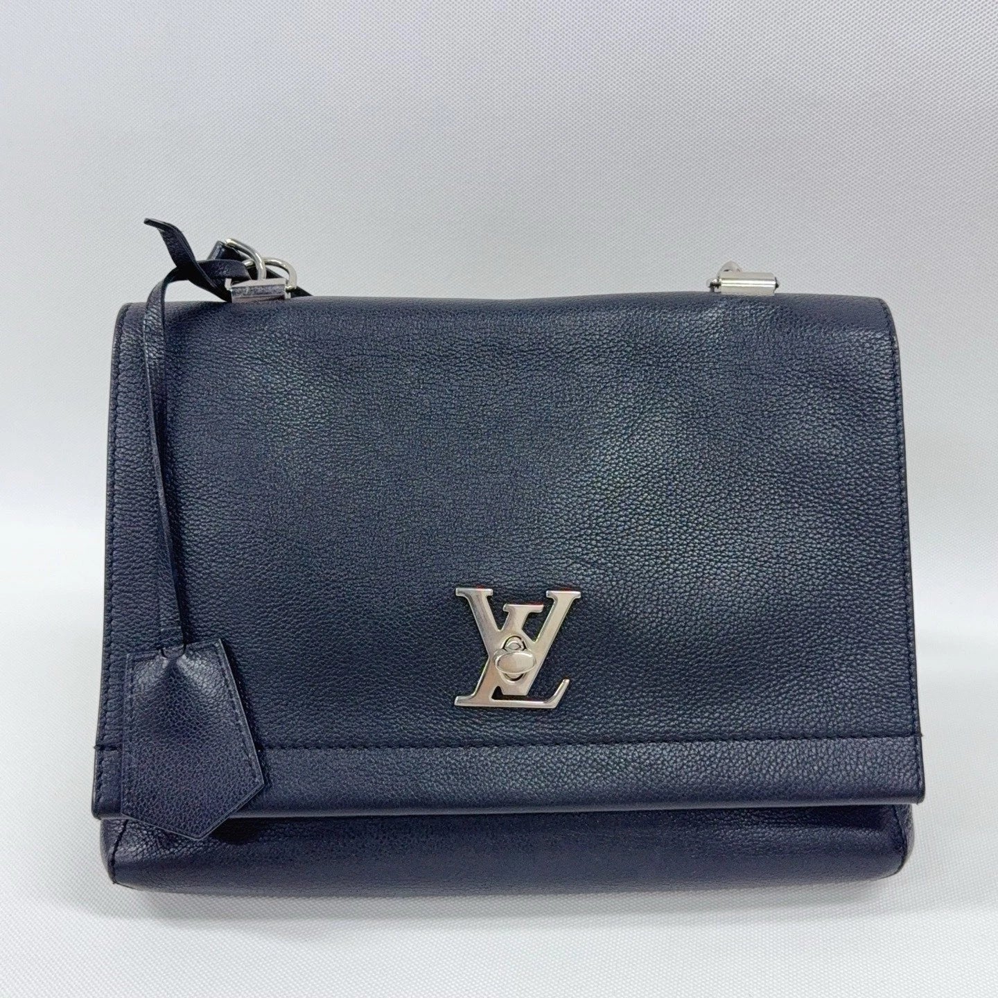 Louis Vuitton Lock Me MM Calfskin Top Handle Crossbody Black Silver Women