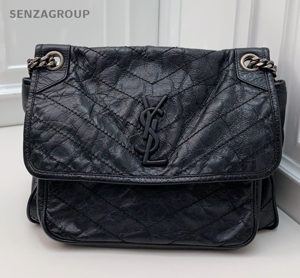 Saint Laurent Niki MM Chain Calfskin Shoulder Bag Black Silver Women Classic
