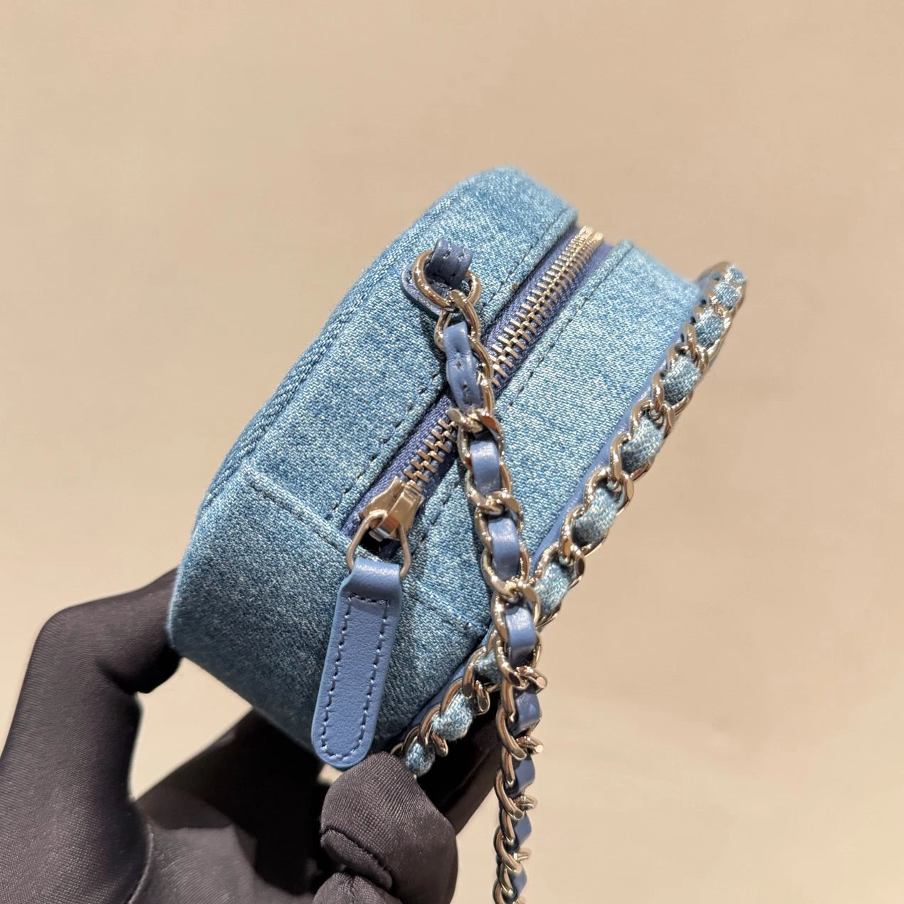 Chanel Denim Round Bag Chain Crossbody Blue Gold Diamond Women Classic
