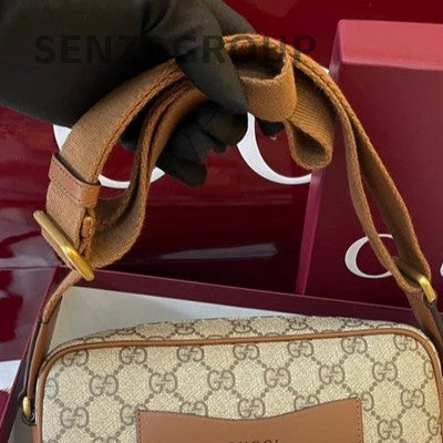 Gucci GG Emblem Canvas Shoulder Crossbody Bag Beige Gold Hardware