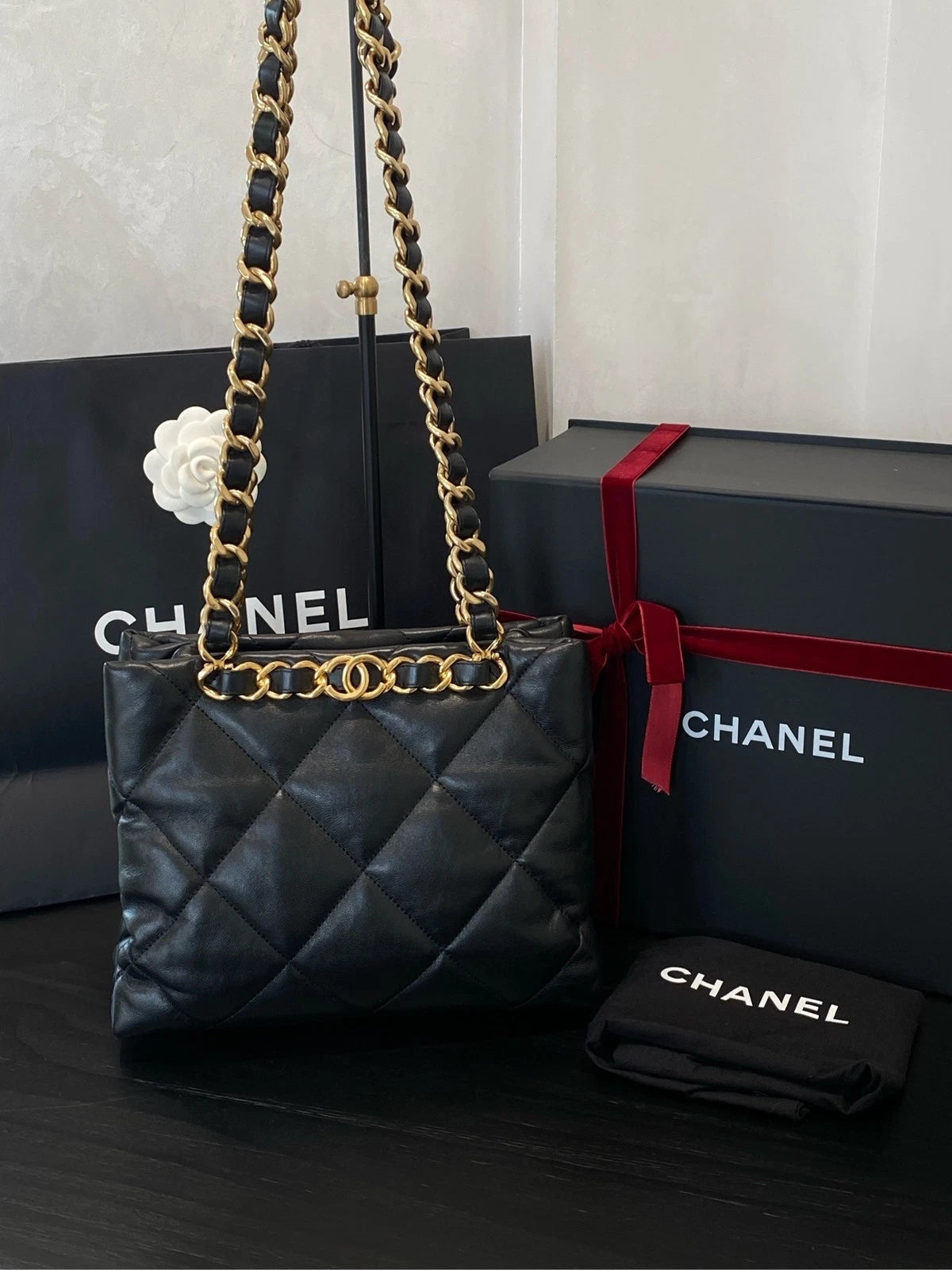 CHANEL Black Gold Puff Small Tote Bag For Women