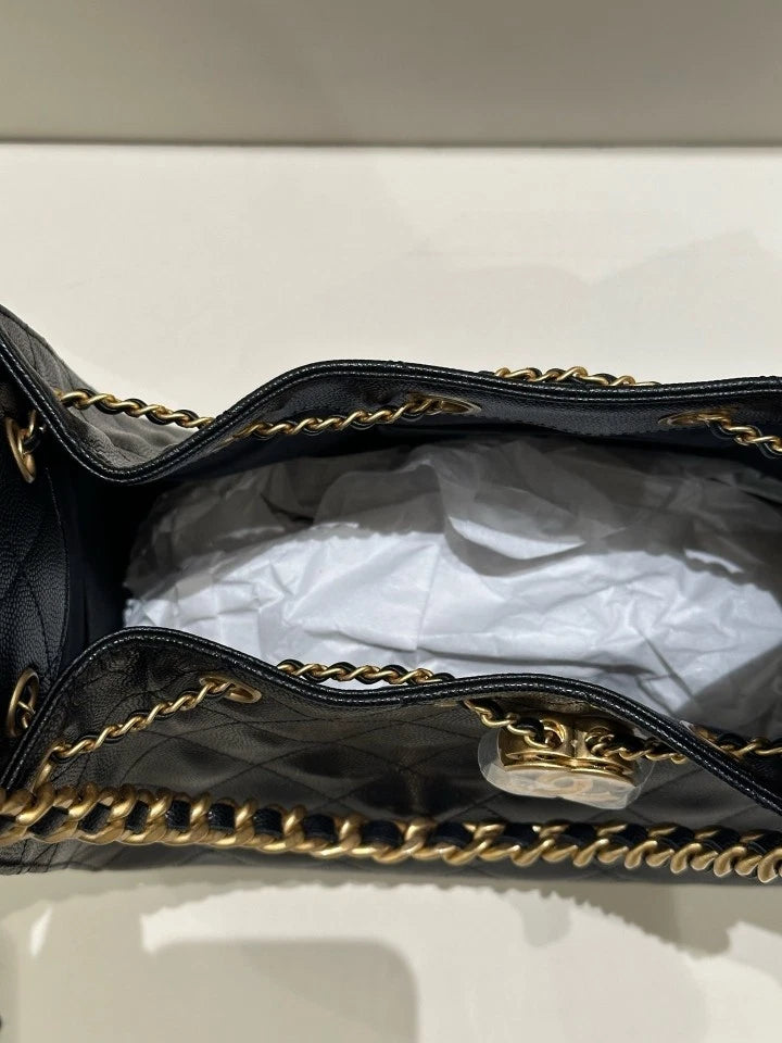 CHANEL 25bag Small Black Gold Tote Shoulder Bag For Women