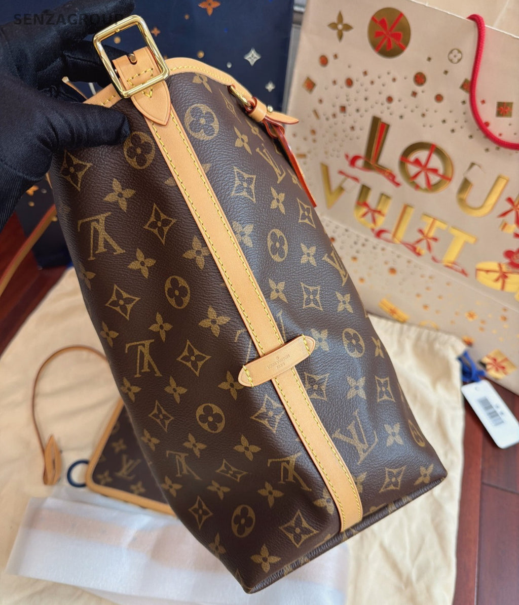 Louis Vuitton Carryall MM Monogram Shoulder Bag Crossbody Brown Gold Used Women
