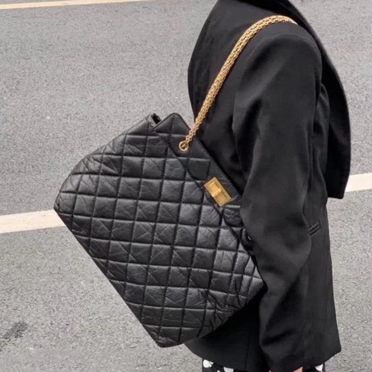 Authentic Chanel Calfskin Tote Chain Shoulder Bag Black Gold Hardware