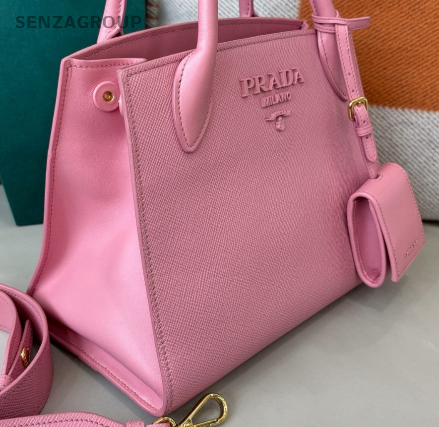 Prada Monochrome Calfskin 2Way Top Handle Bag Crossbody Pink Gold Women Classic