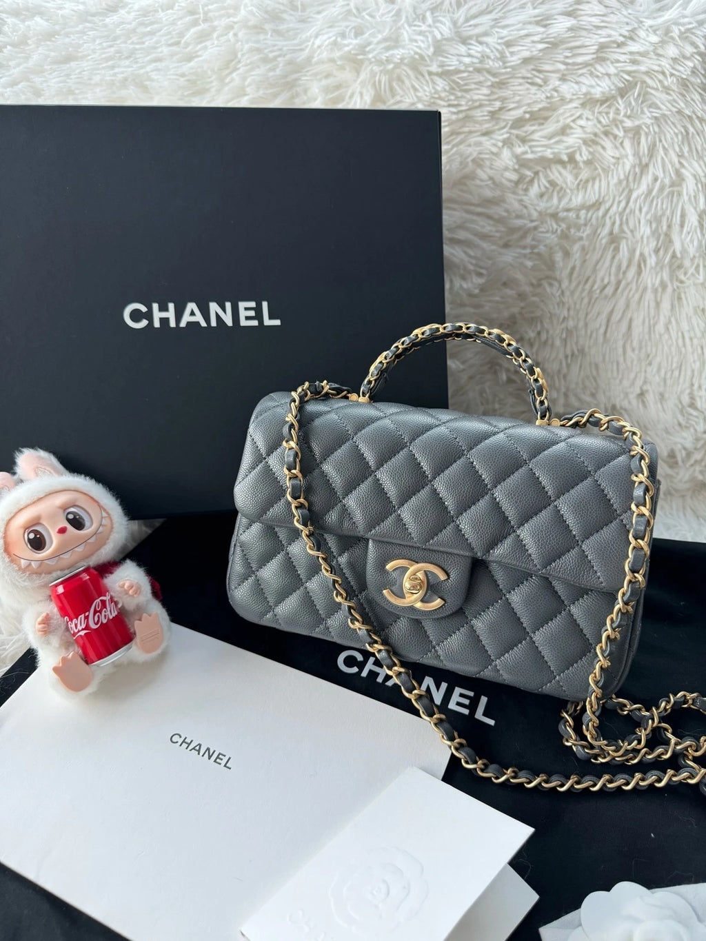 Chanel CF Handle Small Gray Leather Top Handle Handbag For Women